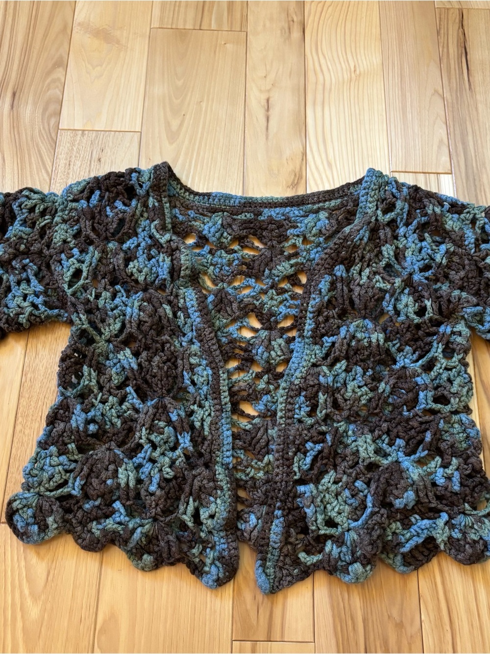 Boho Crochet Brown Blue Open Front Short Sleeve Handmade Top - Picture 1 of 8